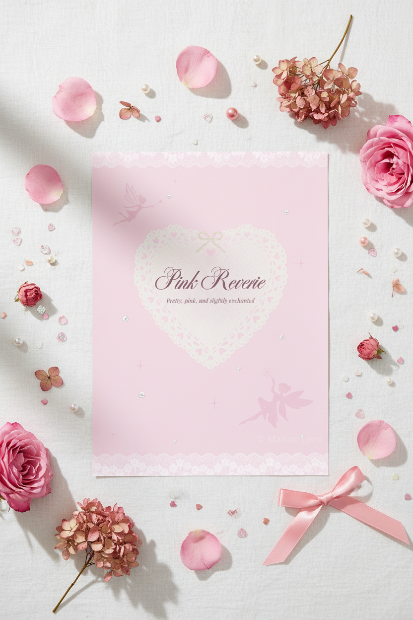 Pink Reverie fairy poster flatlay with rose petals, pearl beads and pink satin ribbon on white linen